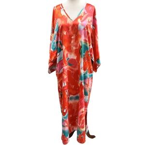 Vibrant Floral Maxi Dress EUC Natori Kaftan V neck Flowy Dress Nightgown
